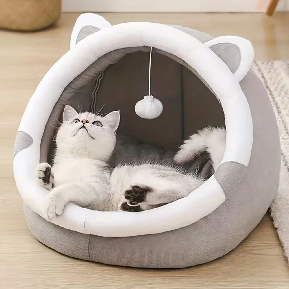 Memory Foam Cat Cave Bed with Cozy Entrance Tunnel & Den